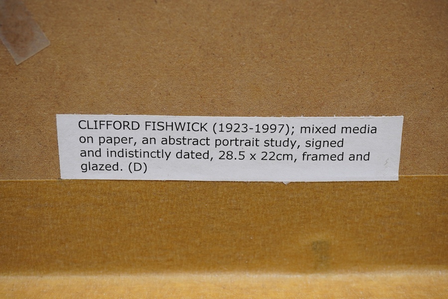 Clifford Fishwick (1923-1997), mixed media on paper, Abstract composition, Portrait, signed and indistinctly dated, label verso, 28 x 21cm. Condition - good